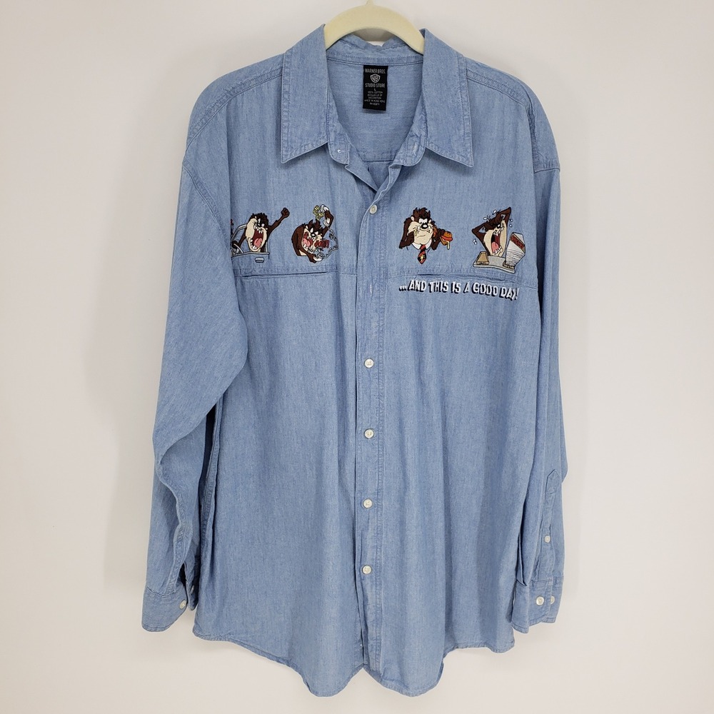 Vintage Warner Bros. Taz Tasmanian Devil Button Down Shirt Mens Large Blue Denim - Picture 1 of 10